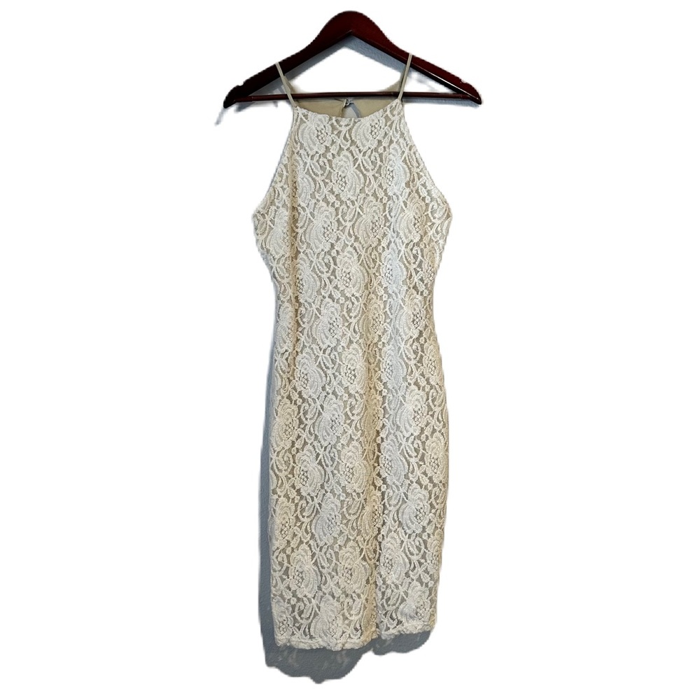 White Beige Floral Lace High-Neck Halter Dress